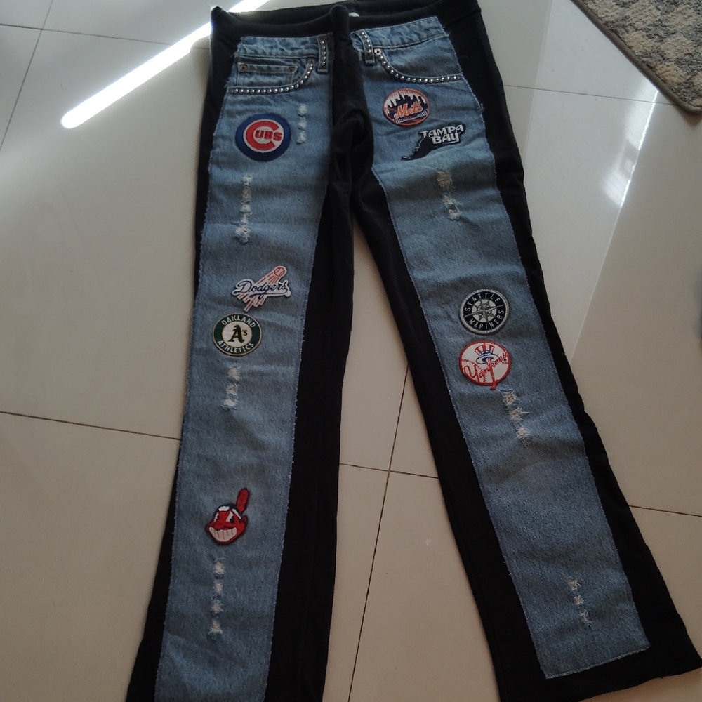 Straight Leg Patchwork Jeans with Team Patch Details - Light Blue & Black